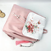 Buddha Stones Handmade Pink Peony Flowers Embroidered Large Capacity Canvas Backpack
