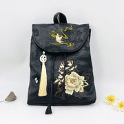 Buddha Stones Handmade Black Peony Embroidered Large Capacity Polyester Cotton Backpack