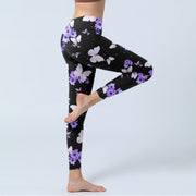 Buddha Stones Purple Floral Butterfly Print Exercise Leggings Women's Yoga Pants - image 5