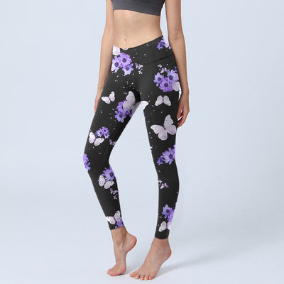Buddha Stones Purple Floral Butterfly Print Exercise Leggings Women's Yoga Pants - Black - US18，UK/AU22，EU50 (4XL) - image 1