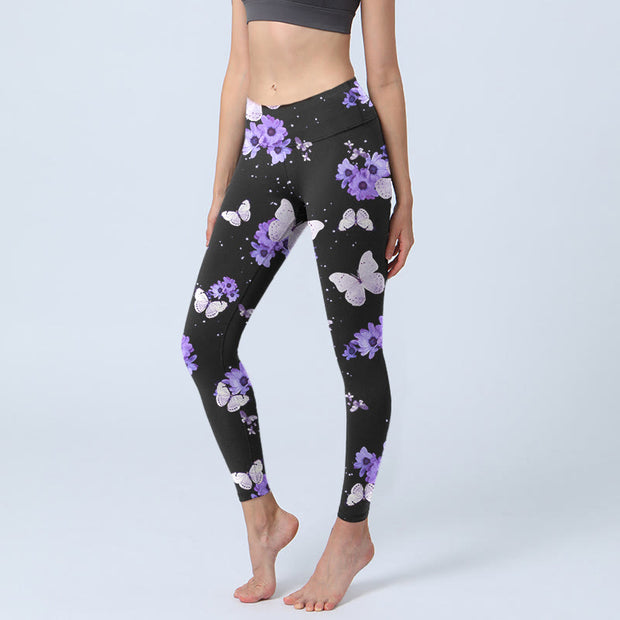 Buddha Stones Purple Floral Butterfly Print Exercise Leggings Women's Yoga Pants - Black - US18，UK/AU22，EU50 (4XL) - image 1