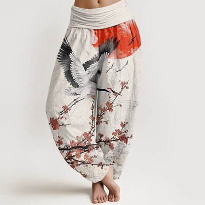 Buddha Stones Red-Crowned Crane Sun Red Plum Blossom Pattern Women's Elastic Waist Harem Pants - WhiteSmoke - US22，UK/AU26，EU54 (6XL) - image 1