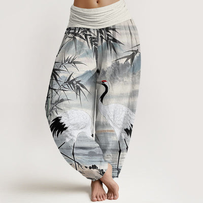 Buddha Stones Casual Red-Crowned Crane Bamboo Leaves Mountain Pattern Women's Elastic Waist Harem Pants - WhiteSmoke - US22，UK/AU26，EU54 (6XL) - image 1