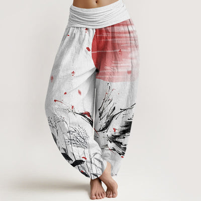 Buddha Stones Casual Red-crowned Reed Sun Crane Pattern Women's Elastic Waist Harem Pants - GhostWhite - US22，UK/AU26，EU54 (6XL) - image 1