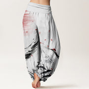 Buddha Stones Casual Red-crowned Reed Sun Crane Pattern Women's Elastic Waist Harem Pants - image 2