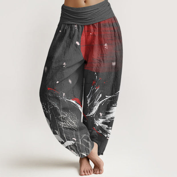 Buddha Stones Casual Red-crowned Reed Sun Crane Pattern Women's Elastic Waist Harem Pants - Black - US22，UK/AU26，EU54 (6XL) - image 5
