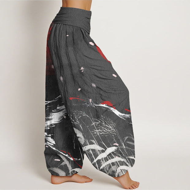 Buddha Stones Casual Red-crowned Reed Sun Crane Pattern Women's Elastic Waist Harem Pants - image 7