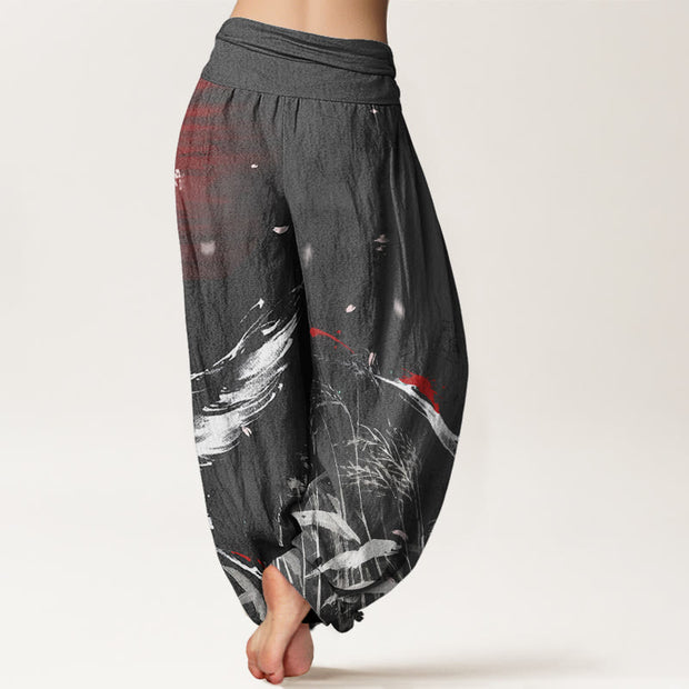 Buddha Stones Casual Red-crowned Reed Sun Crane Pattern Women's Elastic Waist Harem Pants - image 6