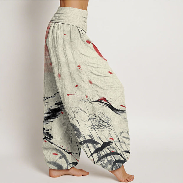 Buddha Stones Casual Red-crowned Reed Sun Crane Pattern Women's Elastic Waist Harem Pants - image 10