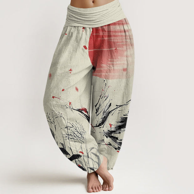 Buddha Stones Casual Red-crowned Reed Sun Crane Pattern Women's Elastic Waist Harem Pants - PaleGoldenrod - US22，UK/AU26，EU54 (6XL) - image 8