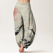 Buddha Stones Casual Red-crowned Reed Sun Crane Pattern Women's Elastic Waist Harem Pants - image 9