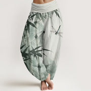 Buddha Stones Casual Bamboo Leaves Dragonfly Pattern Women's Elastic Waist Harem Pants - LightGreen - US22，UK/AU26，EU54 (6XL) - image 1