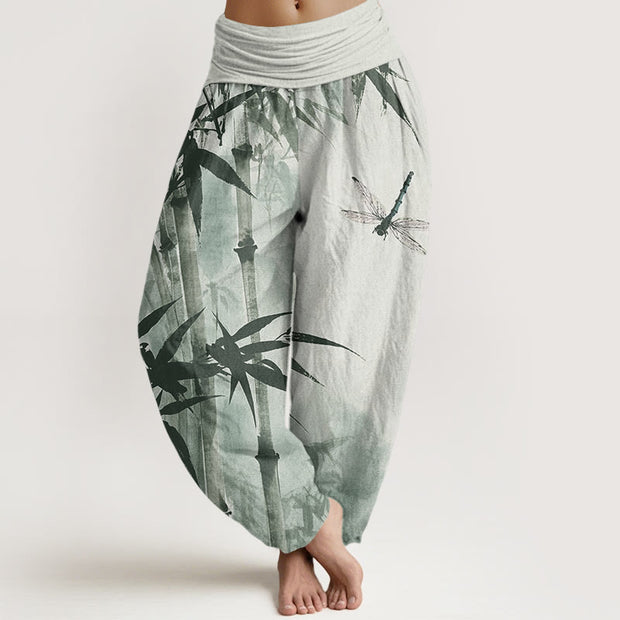 Buddha Stones Casual Bamboo Leaves Dragonfly Pattern Women's Elastic Waist Harem Pants - LightGreen - US22，UK/AU26，EU54 (6XL) - image 1