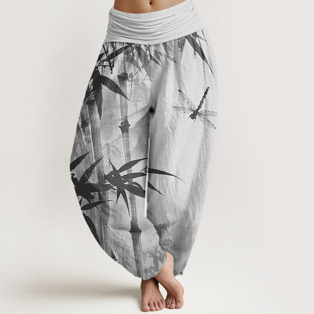 Buddha Stones Casual Bamboo Leaves Dragonfly Pattern Women's Elastic Waist Harem Pants - Silver - US22，UK/AU26，EU54 (6XL) - image 5