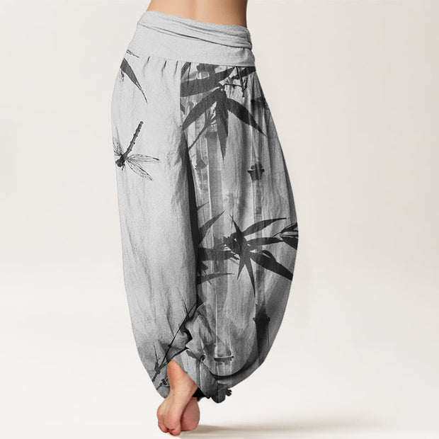 Buddha Stones Casual Bamboo Leaves Dragonfly Pattern Women's Elastic Waist Harem Pants - image 6