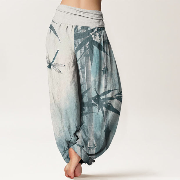 Buddha Stones Casual Bamboo Leaves Dragonfly Pattern Women's Elastic Waist Harem Pants - image 9