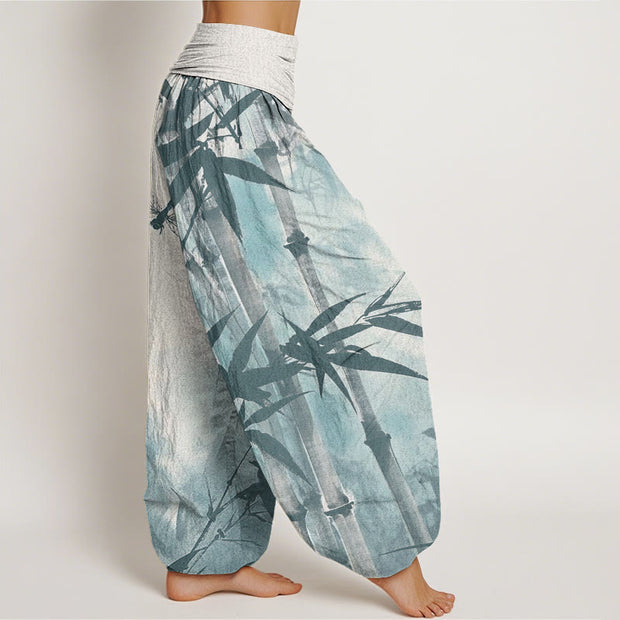 Buddha Stones Casual Bamboo Leaves Dragonfly Pattern Women's Elastic Waist Harem Pants - image 10