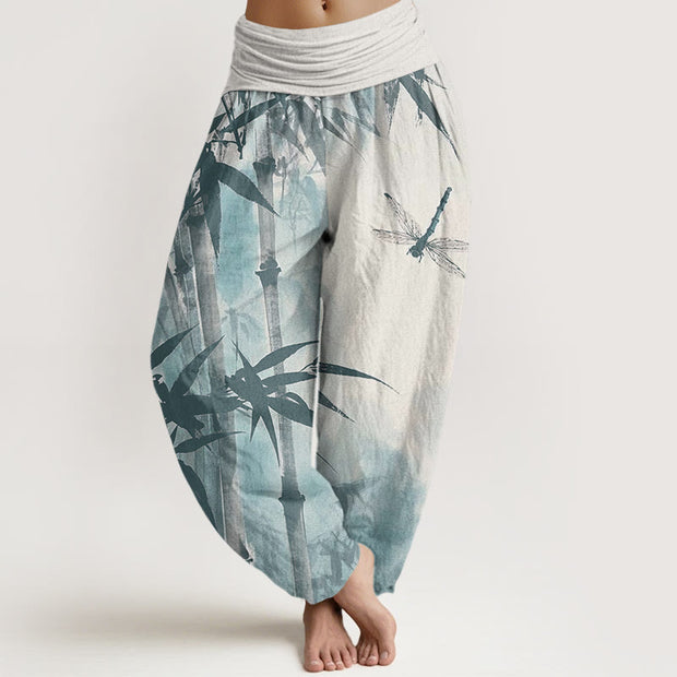 Buddha Stones Casual Bamboo Leaves Dragonfly Pattern Women's Elastic Waist Harem Pants - Linen - US22，UK/AU26，EU54 (6XL) - image 8