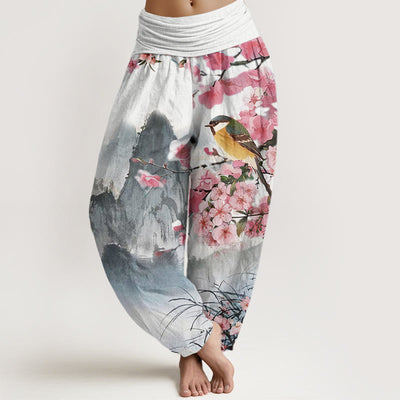 Buddha Stones Bird Cherry Blossom Mountains Pattern Women's Elastic Waist Harem Pants - Gray - US22，UK/AU26，EU54 (6XL) - image 1