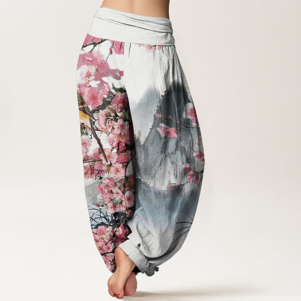 Buddha Stones Bird Cherry Blossom Mountains Pattern Women's Elastic Waist Harem Pants - image 2