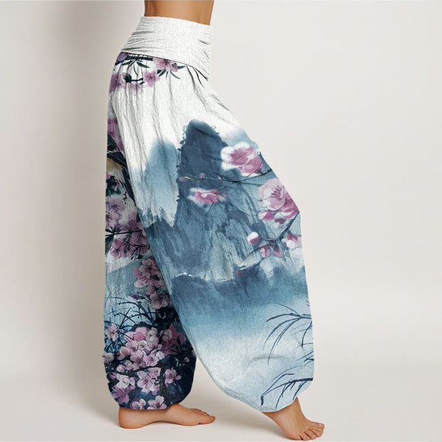Buddha Stones Bird Cherry Blossom Mountains Pattern Women's Elastic Waist Harem Pants - image 7