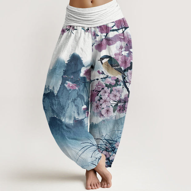 Buddha Stones Bird Cherry Blossom Mountains Pattern Women's Elastic Waist Harem Pants - MediumBlue - US22，UK/AU26，EU54 (6XL) - image 5