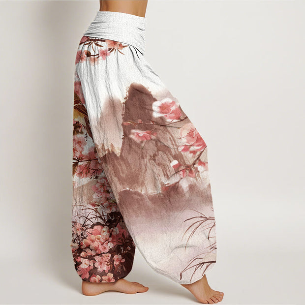 Buddha Stones Bird Cherry Blossom Mountains Pattern Women's Elastic Waist Harem Pants - image 10