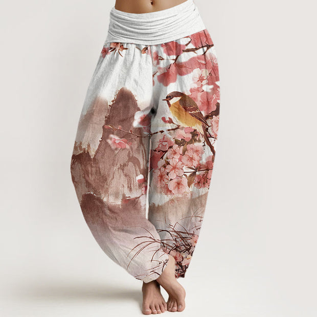 Buddha Stones Bird Cherry Blossom Mountains Pattern Women's Elastic Waist Harem Pants - LightCoral - US22，UK/AU26，EU54 (6XL) - image 8