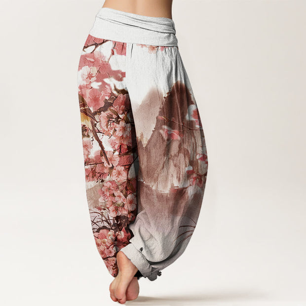 Buddha Stones Bird Cherry Blossom Mountains Pattern Women's Elastic Waist Harem Pants - image 9