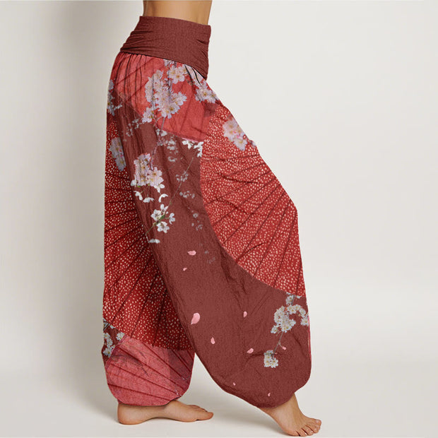 Buddha Stones Casual Red Oil-paper Umbrella Cherry Blossom Pattern Women's Elastic Waist Harem Pants - image 3