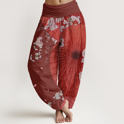 Buddha Stones Casual Red Oil-paper Umbrella Cherry Blossom Pattern Women's Elastic Waist Harem Pants - Brown - US22，UK/AU26，EU54 (6XL) - image 1