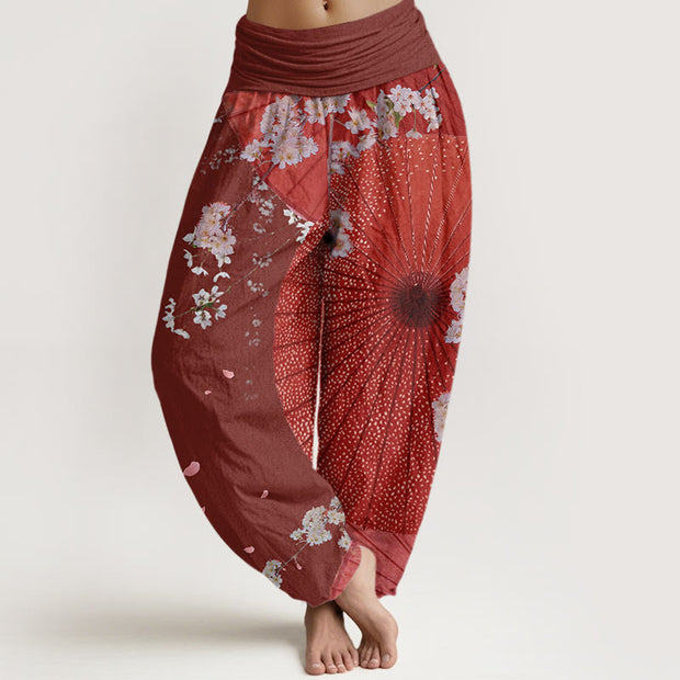 Buddha Stones Casual Red Oil-paper Umbrella Cherry Blossom Pattern Women's Elastic Waist Harem Pants - Brown - US22，UK/AU26，EU54 (6XL) - image 1