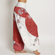 Buddha Stones Casual Red Oil-paper Umbrella Cherry Blossom Pattern Women's Elastic Waist Harem Pants - image 7