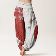 Buddha Stones Casual Red Oil-paper Umbrella Cherry Blossom Pattern Women's Elastic Waist Harem Pants - image 6