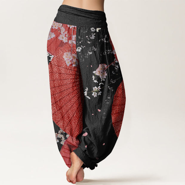 Buddha Stones Casual Red Oil-paper Umbrella Cherry Blossom Pattern Women's Elastic Waist Harem Pants - image 9
