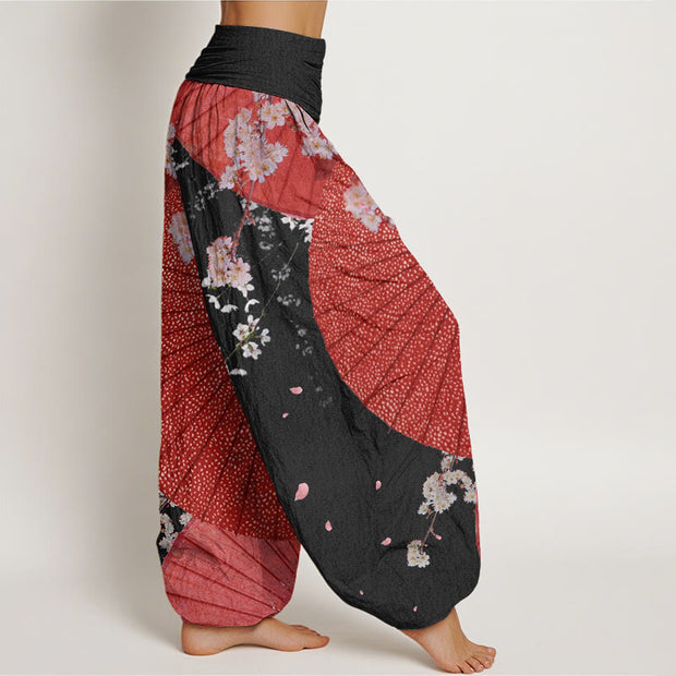 Buddha Stones Casual Red Oil-paper Umbrella Cherry Blossom Pattern Women's Elastic Waist Harem Pants - image 10