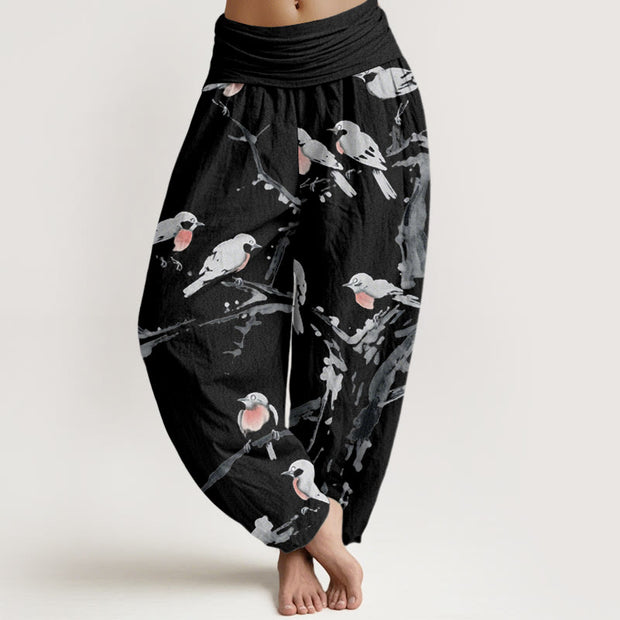 Buddha Stones Casual Bird Branches Pattern Women's Elastic Waist Harem Pants - Black - US22，UK/AU26，EU54 (6XL) - image 1