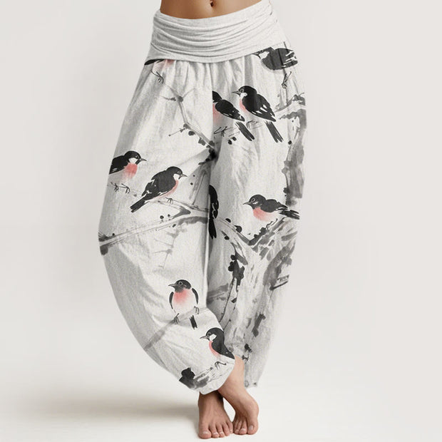Buddha Stones Casual Bird Branches Pattern Women's Elastic Waist Harem Pants - GhostWhite - US22，UK/AU26，EU54 (6XL) - image 8