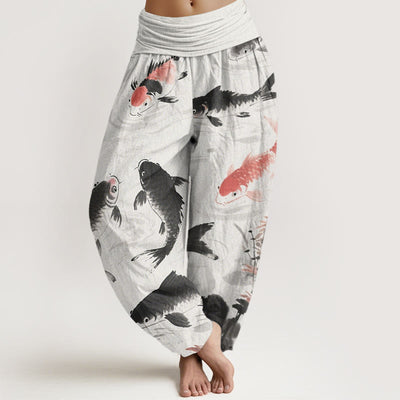 Buddha Stones Casual Koi Fish Pattern Women's Elastic Waist Harem Pants - GhostWhite - US22，UK/AU26，EU54 (6XL) - image 1