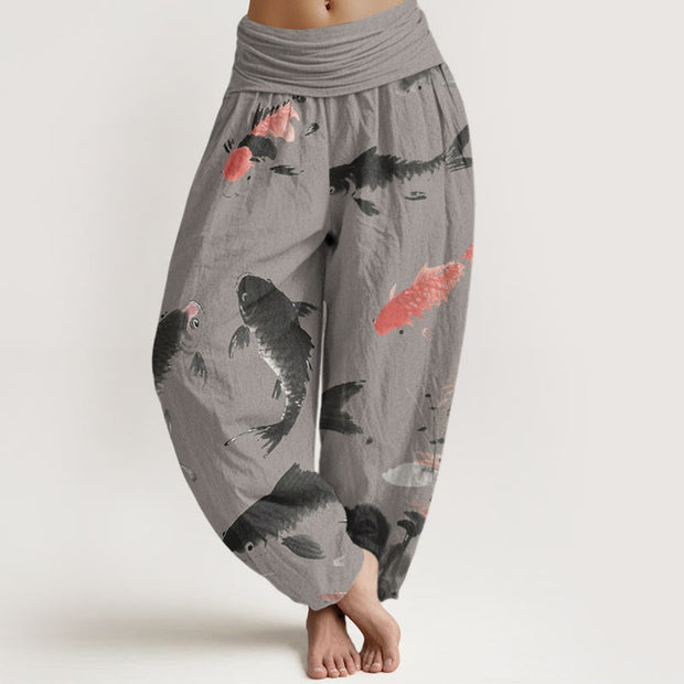 Buddha Stones Casual Koi Fish Pattern Women's Elastic Waist Harem Pants - DimGray - US22，UK/AU26，EU54 (6XL) - image 5
