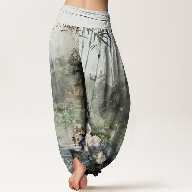 Buddha Stones Bamboo Tree Pavilion Flower Pattern Women's Elastic Waist Harem Pants - image 2