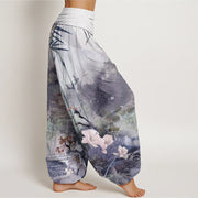 Buddha Stones Bamboo Tree Pavilion Flower Pattern Women's Elastic Waist Harem Pants - image 10