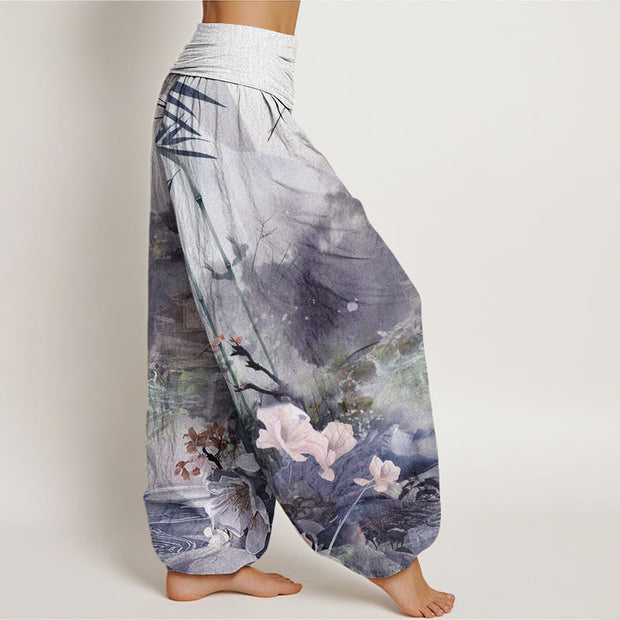 Buddha Stones Bamboo Tree Pavilion Flower Pattern Women's Elastic Waist Harem Pants - image 10
