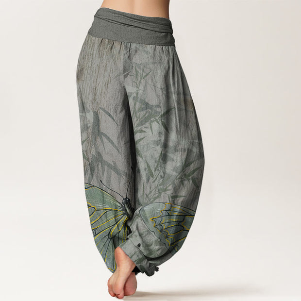 Buddha Stones Butterfly Bamboo Flower Pattern Women's Elastic Waist Harem Pants - image 9