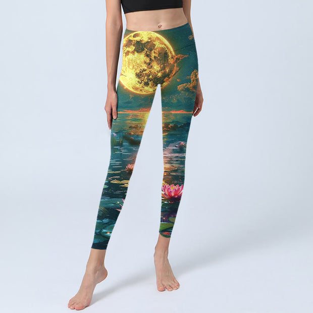 Buddha Stones Full Moon Lotus Flowers Leaves Pattern Print Gym Leggings Women's Yoga Pants - image 6