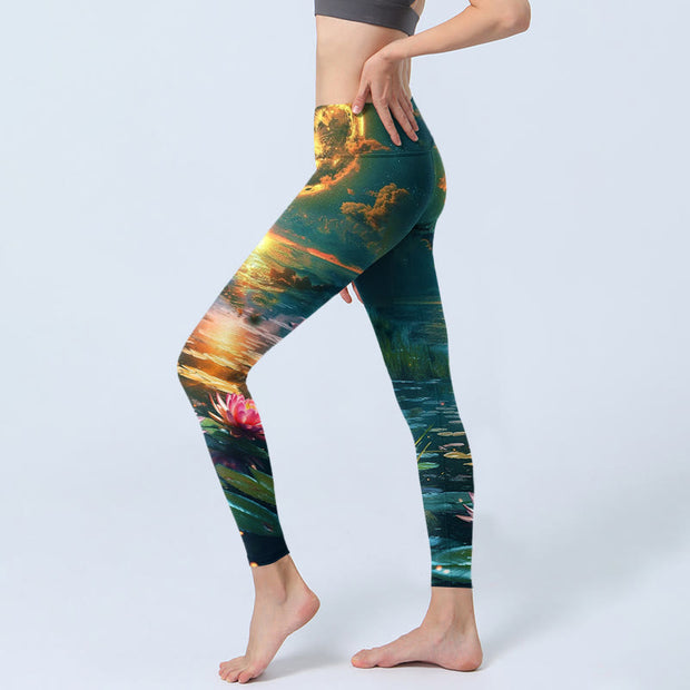 Buddha Stones Full Moon Lotus Flowers Leaves Pattern Print Gym Leggings Women's Yoga Pants - image 3