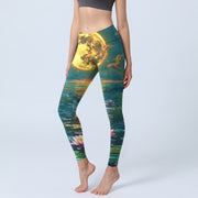 Buddha Stones Full Moon Lotus Flowers Leaves Pattern Print Gym Leggings Women's Yoga Pants - Teal - US18，UK/AU22，EU50 (4XL) - image 1