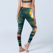 Buddha Stones Full Moon Lotus Flowers Leaves Pattern Print Gym Leggings Women's Yoga Pants - image 5