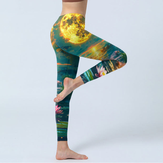 Buddha Stones Full Moon Lotus Flowers Leaves Pattern Print Gym Leggings Women's Yoga Pants - image 4