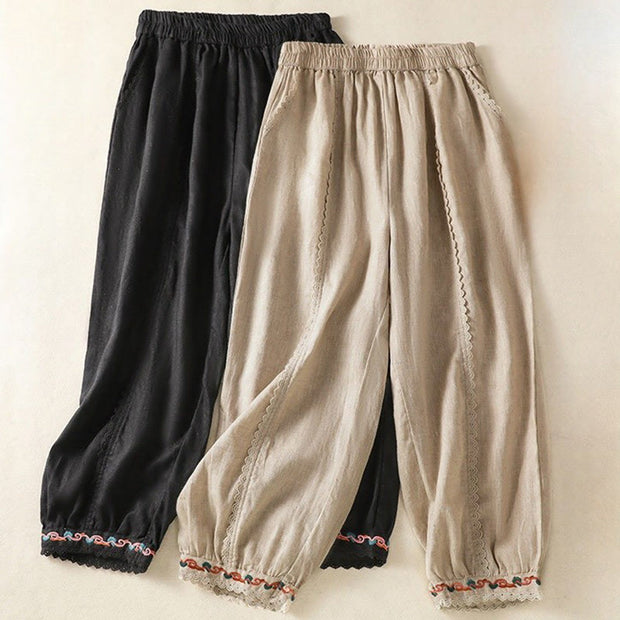 Buddha Stones Casual Plain Lace Side Design 7-8 Length Cotton Linen Women's Harem Pants With Pockets - image 32